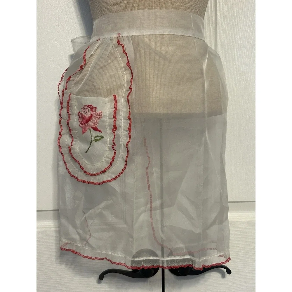 Vintage Handmade Sheer Kitchen Apron Floral Rose‎ White Red Trim
